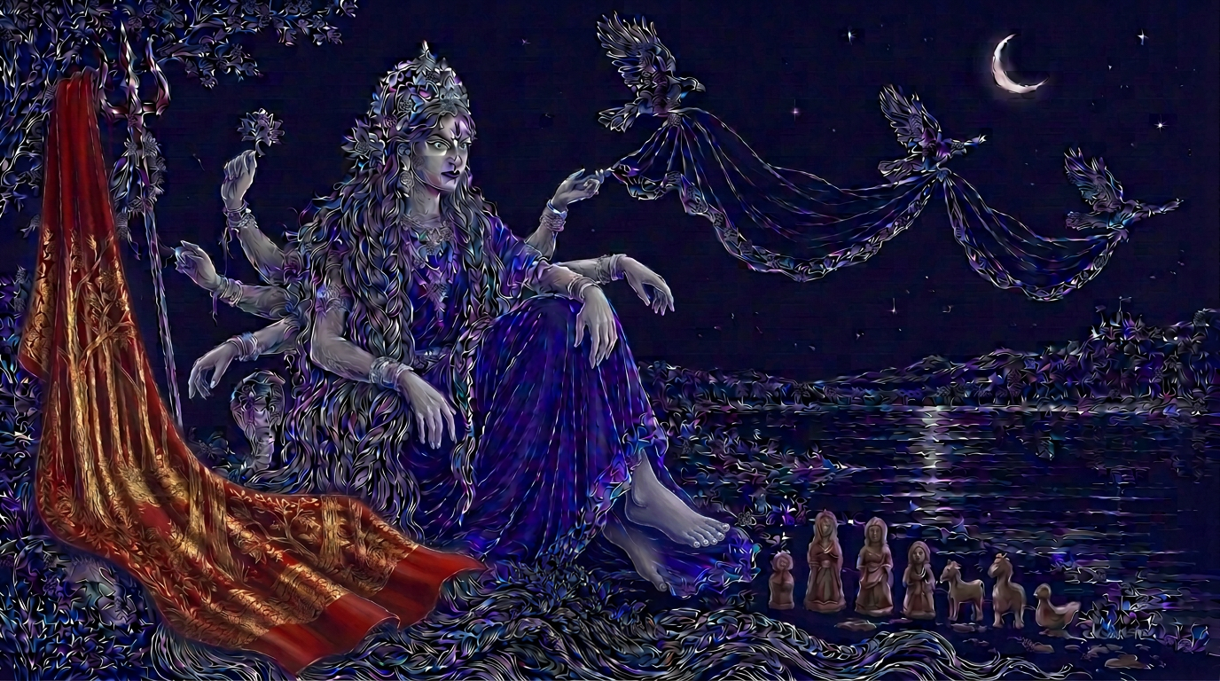 Goddess Durga seated on a riverbank in a lapis-blue sari, crows carrying the blue cloth, a serpent coiled nearby and small clay dolls lined up by the water